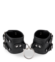 Load image into Gallery viewer, Black leather BDSM handcuffs with straps