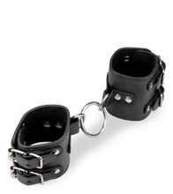 Load image into Gallery viewer, Black leather BDSM handcuffs with straps