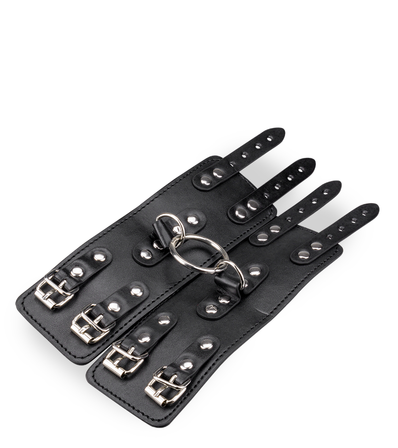 Black leather BDSM handcuffs with straps