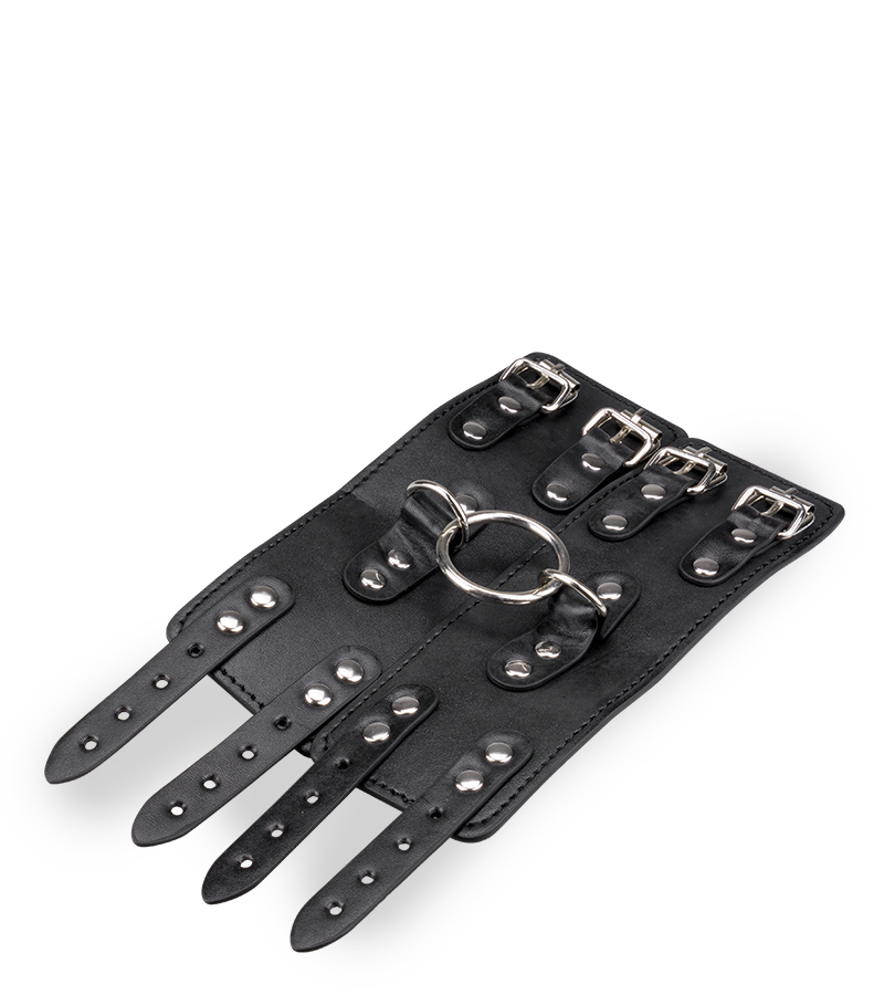 Black leather BDSM handcuffs with straps