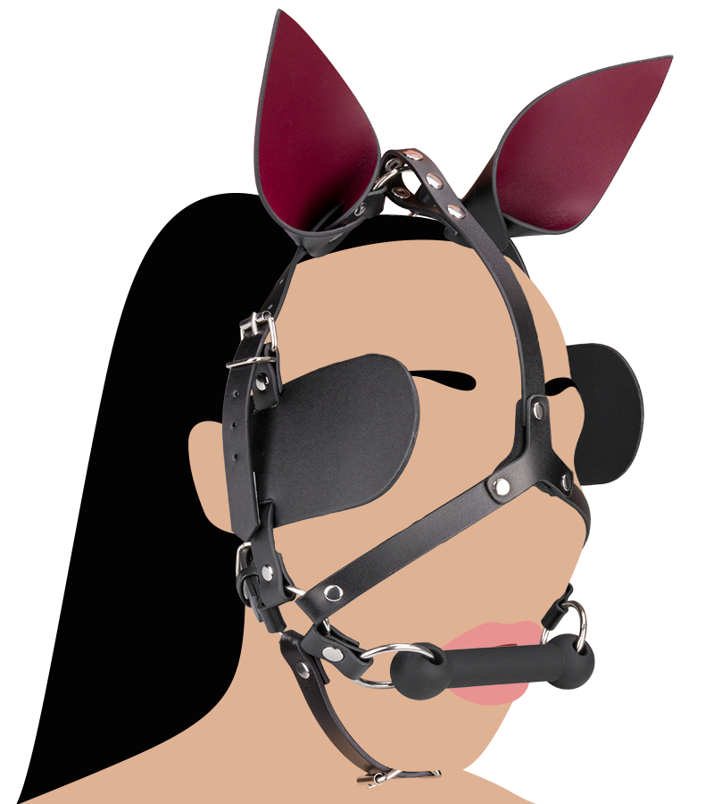 Faux leather horse mask with blinkers and bit