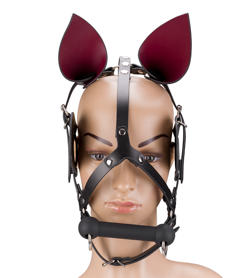 Faux leather horse mask with blinkers and bit