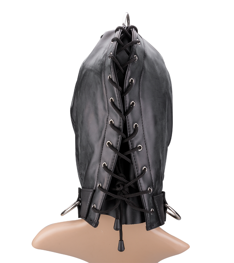 Faux leather three-opening BDSM hood with rings