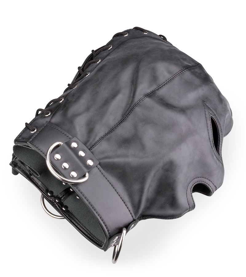 Faux leather three-opening BDSM hood with rings