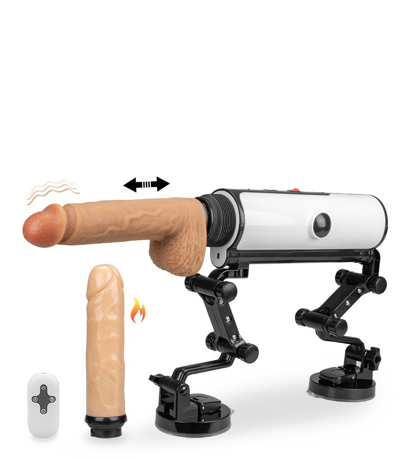 Fucking machine with heated and vibrating dildos