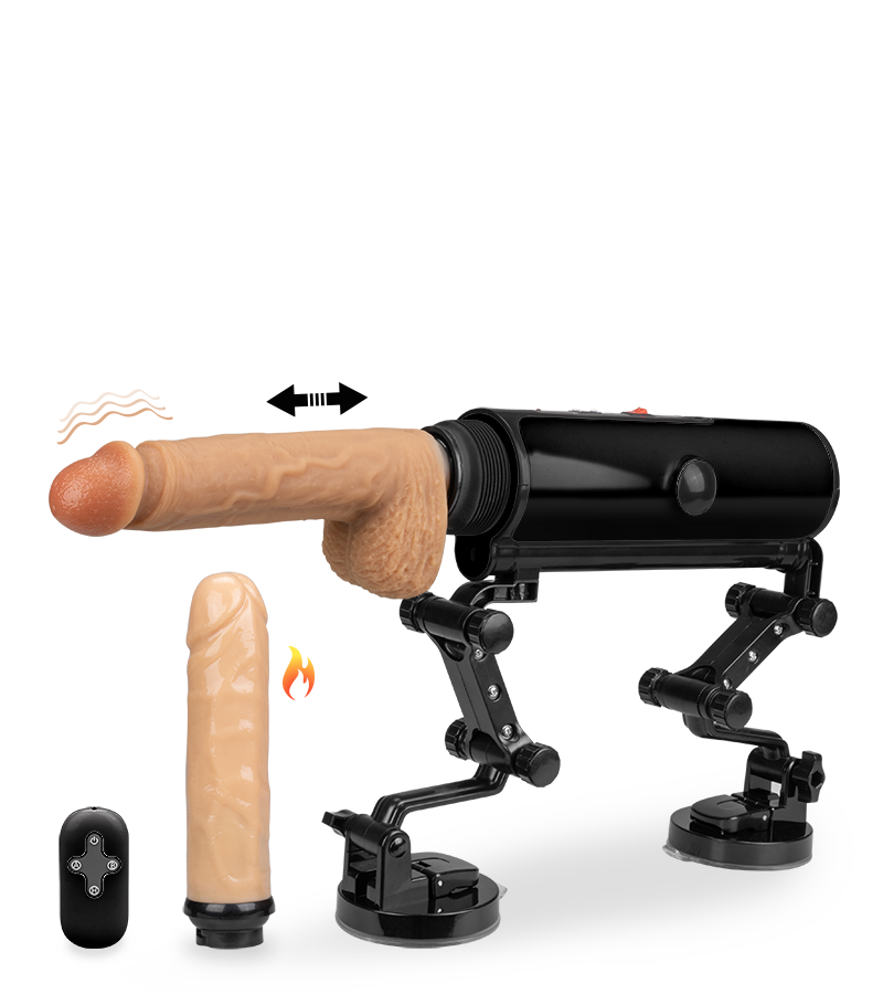 Fucking machine with heated and vibrating dildos