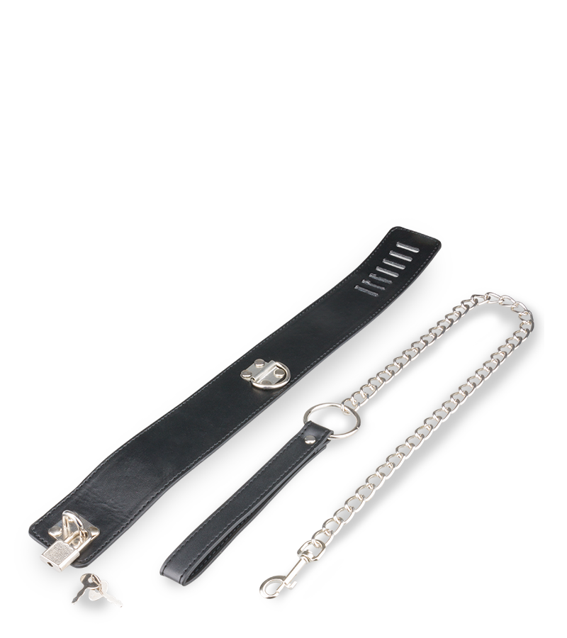 Leather bondage collar with chain lead and padlock