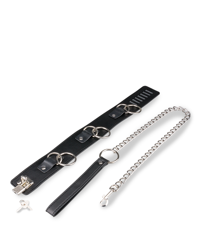 Leather bondage three-ring collar with chain lead
