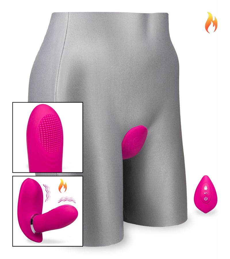 Remote control warming and vibrating wearable dildo