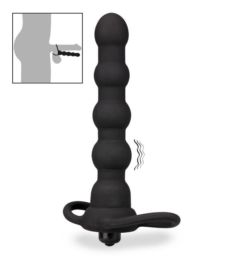 Vibrating silicone double penetration cock ring and beaded dildo