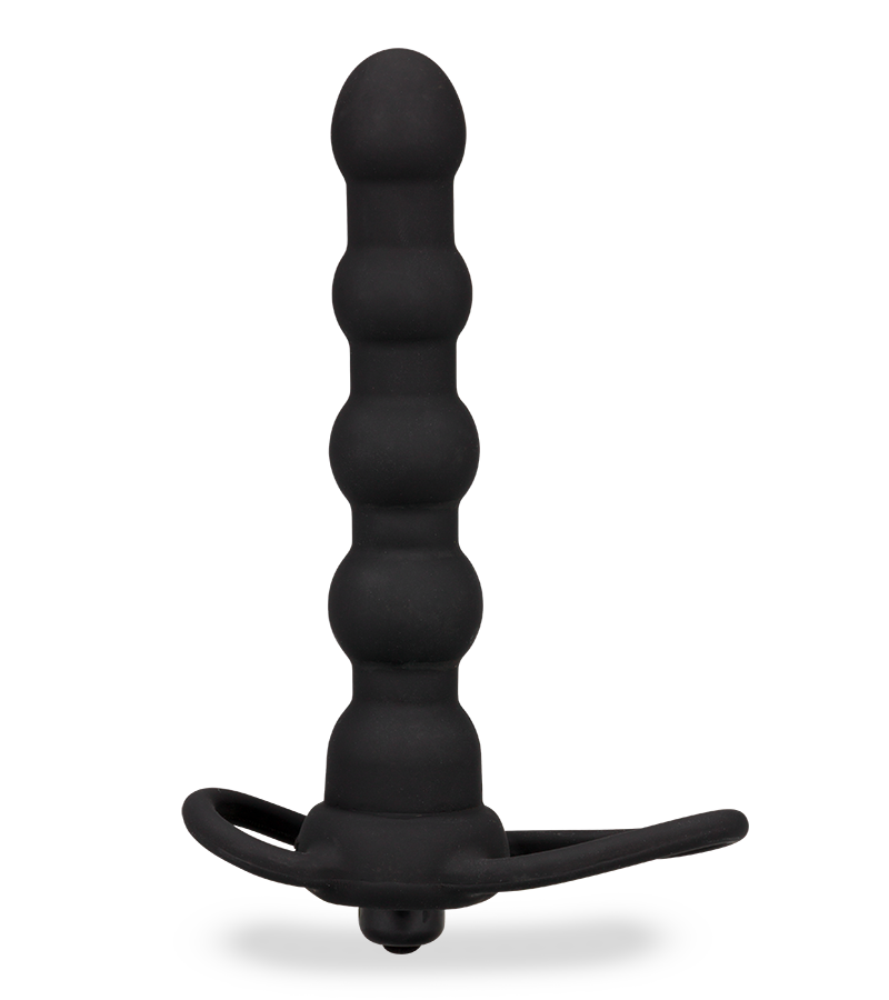Vibrating silicone double penetration cock ring and beaded dildo